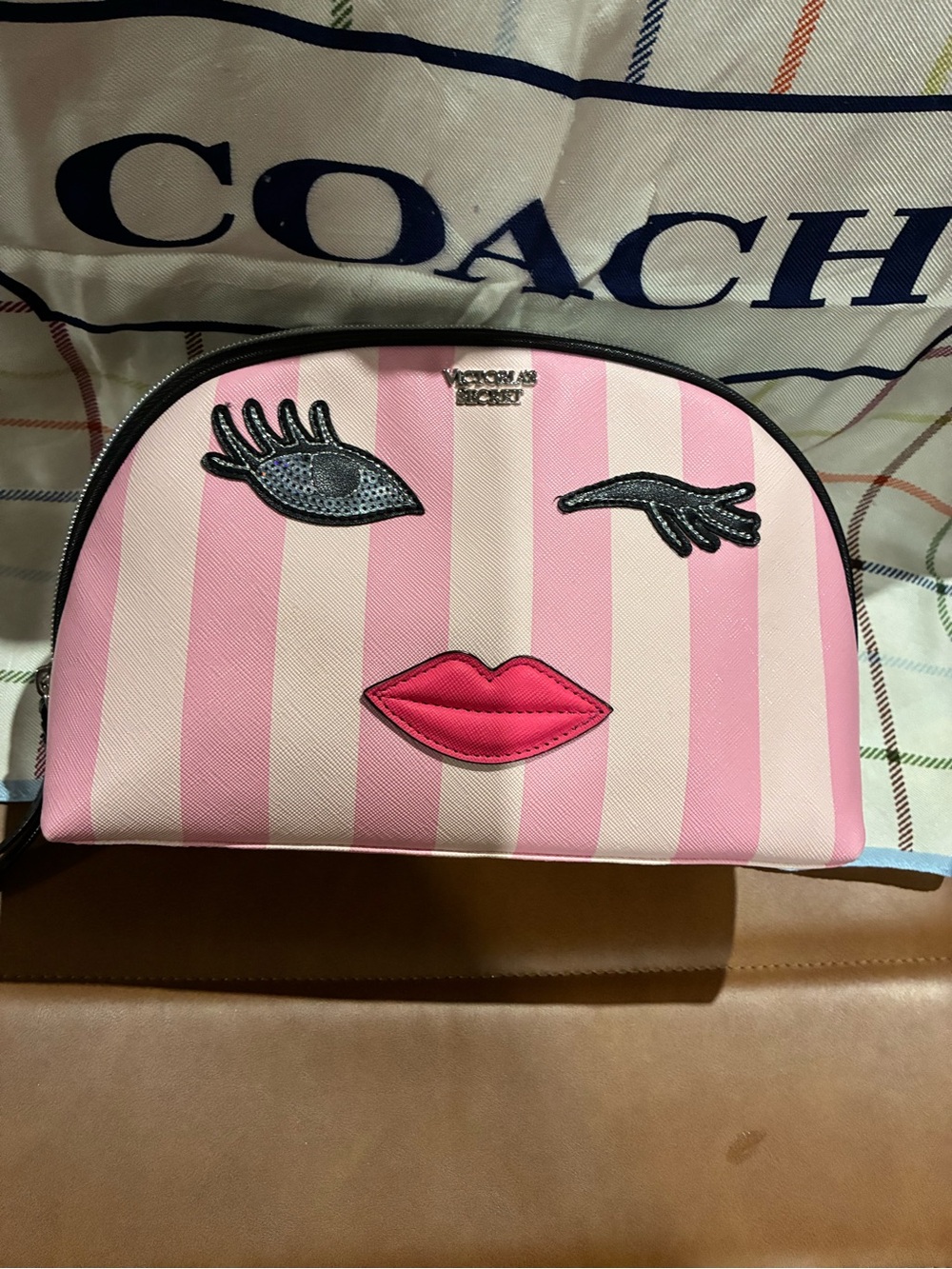 Victoria's Secret Pink Striped Cosmetic Pouch with Lip & Eye Appliqués